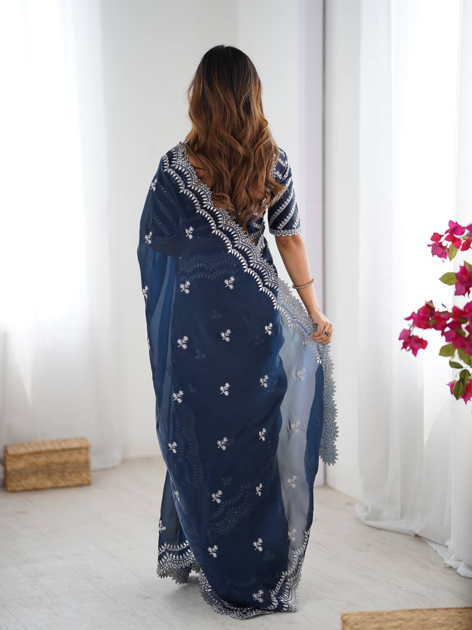 Women's Elegant Regal Purple Georgette Saree with Intricate Silver Thread & Sequin Embroidery – Complete with Embellished Blouse Piece for Festive & Party Wear - Image 10